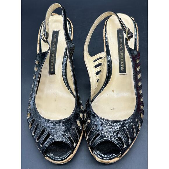 Chinese Laundry Patent Leather Wedges Cork Heel Sling Strap Size 8M Festival - Picture 8 of 9